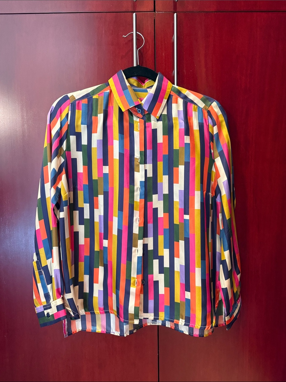 Vilagallo Multicolor Geometric Stripe Button-Down Blouse